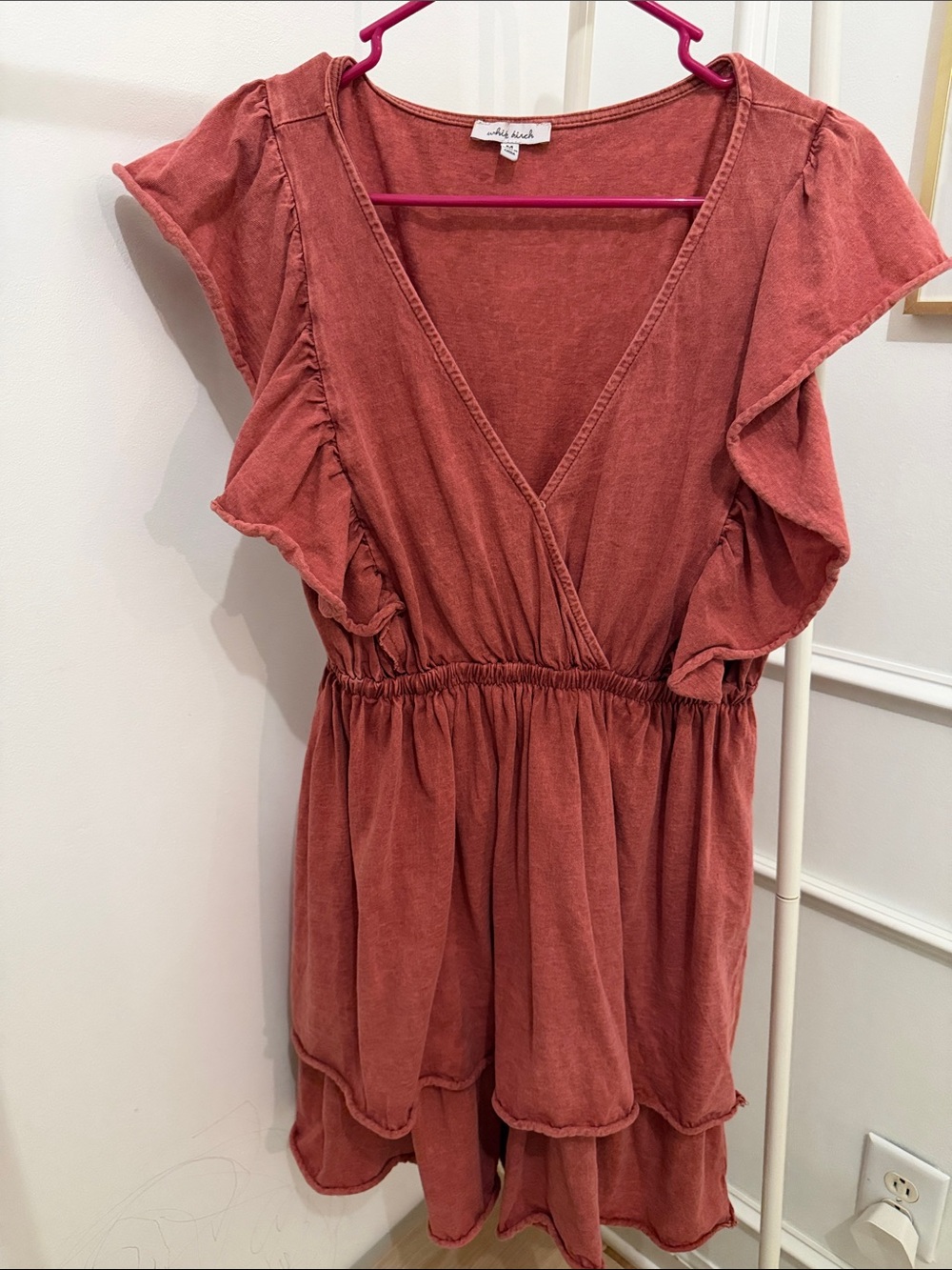 white birch Rust Mini Dress with Ruffle Sleeves